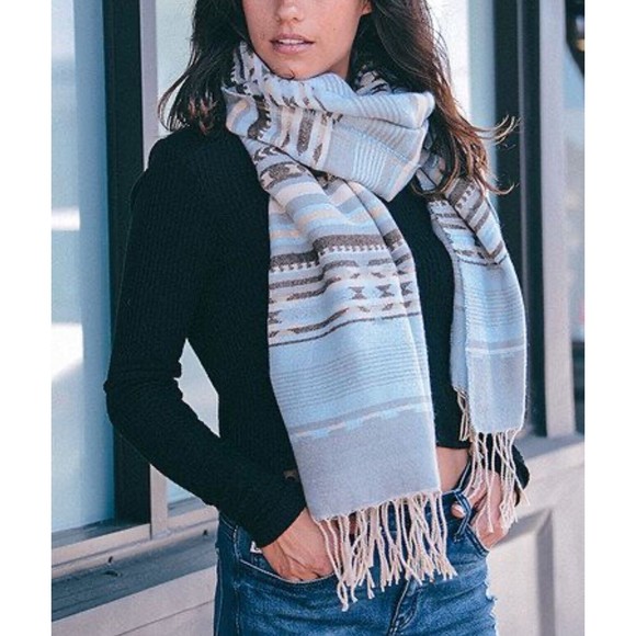 Powder Blue Southwestern Blanket Tassel Scarf 27x71” Big Cozy Scarf Stripes - Picture 2 of 14